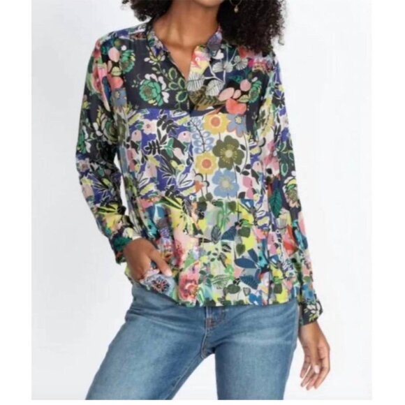 Johnny Was Chelsea Astra Floral Button-Up Silk Blouse With Roll Tab Sleeves - Picture 1 of 10